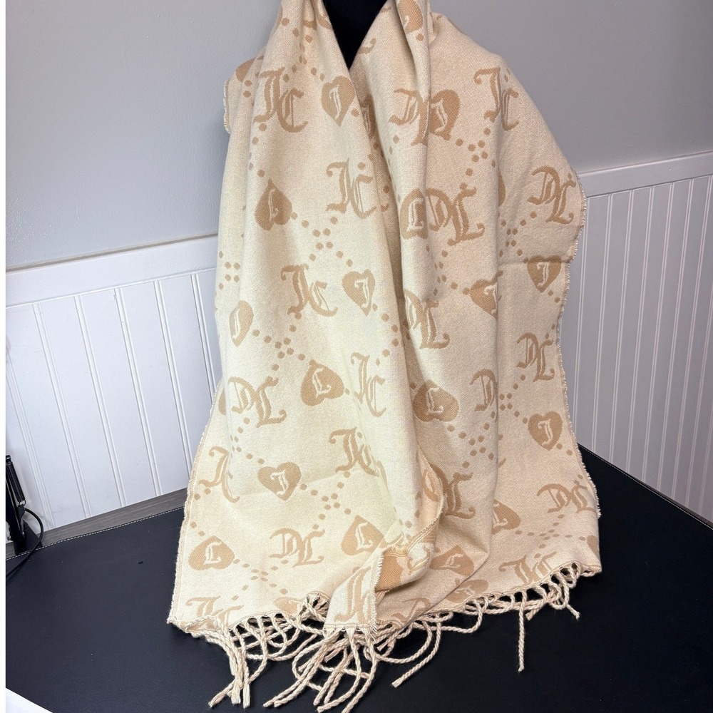 Juicy Couture Logo Scarf Tan Cream JC Monogram Heart Fringe Reversible 72x18